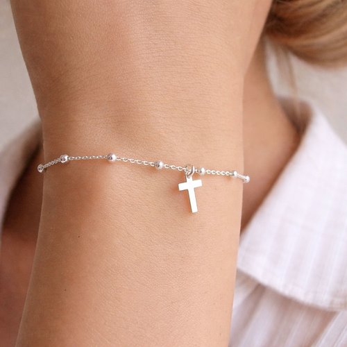 Bracelet croix en argent 925 chaîne perlée satellite – bijou religieux