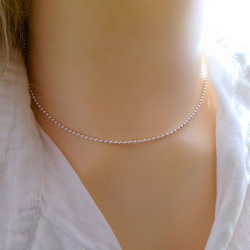 Collier chaine boule argent, ras de cou choker, chaine bille perlée, idée cadeau femme, ajustable 32-35 cm