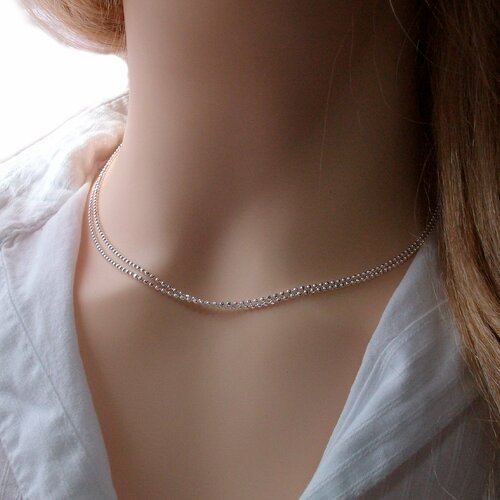Collier double chaine - argent - collier 2 rangs - chaine boule facettée - bijou femme multirang - chaine perlée - cadeau femme