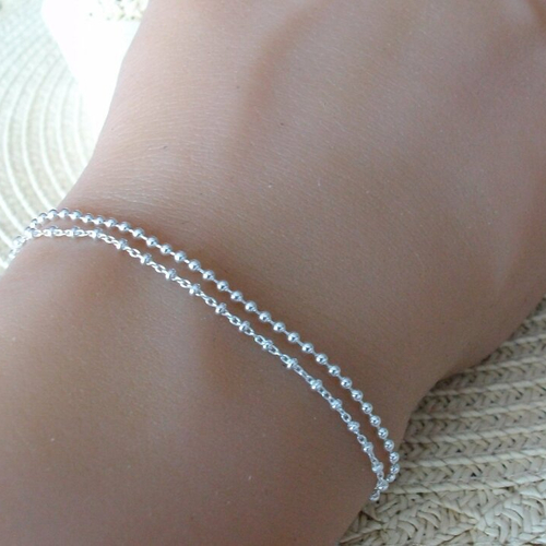 Bracelet argent femme multi chaines - bracelet fin - chaine perlée - maille boule - 2 chaines - cadeau femme fille