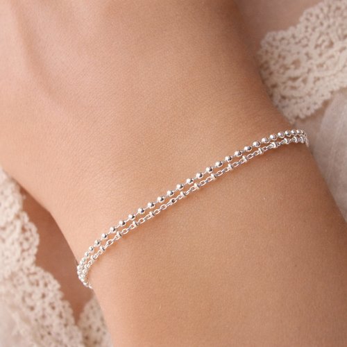 Bracelet double chaîne perlée en argent 925, harmonie lumineuse