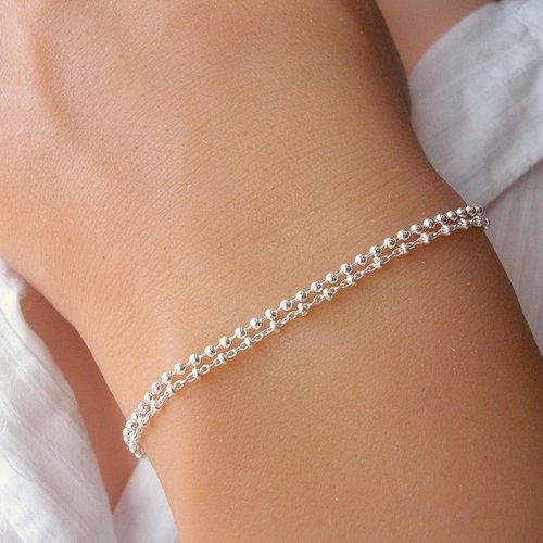 Bracelet multirang argent 925 – double chaîne perlée – bijou minimaliste élégant – cadeau femme