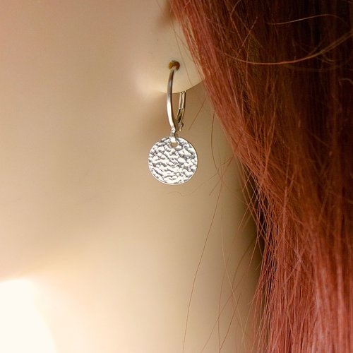 Boucles d'oreilles rondes martelées en argent, dormeuses rondes créoles, bijoux cadeau femme