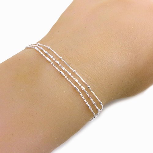 Lot de 3 bracelets argent 925, chaine perlée, chaine satellite, chaîne forçat perles carrées, idée cadeau pour elle