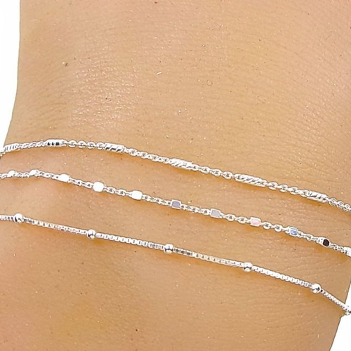 Lot de 3 bracelets argent 925, chaine perlée, chaine satellite, chaîne forçat perles carrées, idée cadeau pour elle