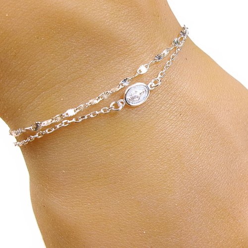 Bracelet multirang argent, médaille vierge marie, chaîne soleil, bracelet 2 rangs, bijou religieux