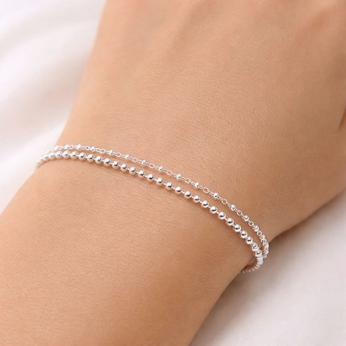 Lot de deux bracelets en argent 925 avec chaînes perlées pour femme