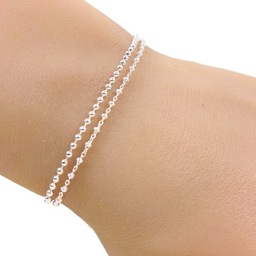 Lot de deux bracelets en argent 925 avec chaînes perlées pour femme