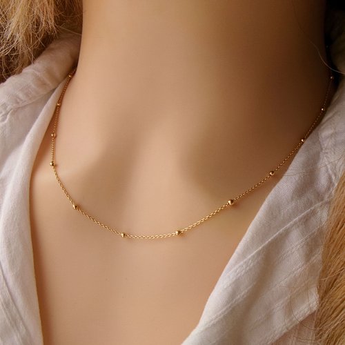 Collier or 18 carats, collier minimaliste, chaine perlée, ras de cou délicat, chaîne satellite, cadeau pour femmes