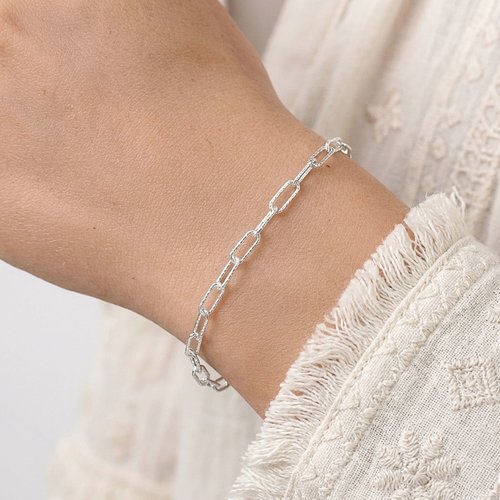 Bracelet chaîne rectangle en argent 925 gros maillons diamantés