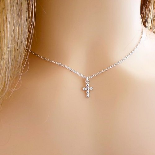 Collier croix femme argent, pendentif perle, collier ras de cou religieux