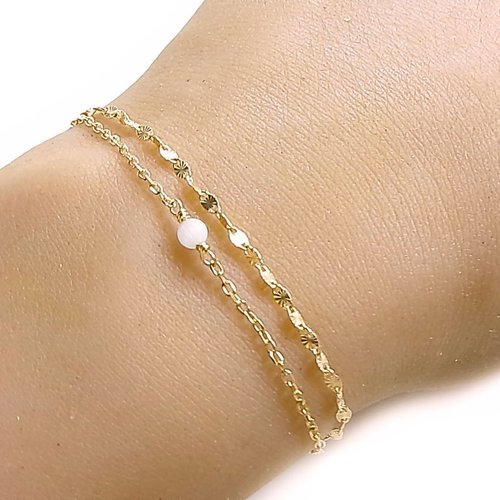 Bracelet multi chaine - or 18 carats - perle blanche - oeil de chat - bracelet 2 chaines