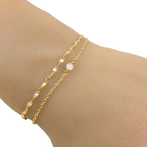 Bracelet multirang en or avec perles blanche oeil de chat, cadeau anniversaire femme, ajustable 16 à 19 cm