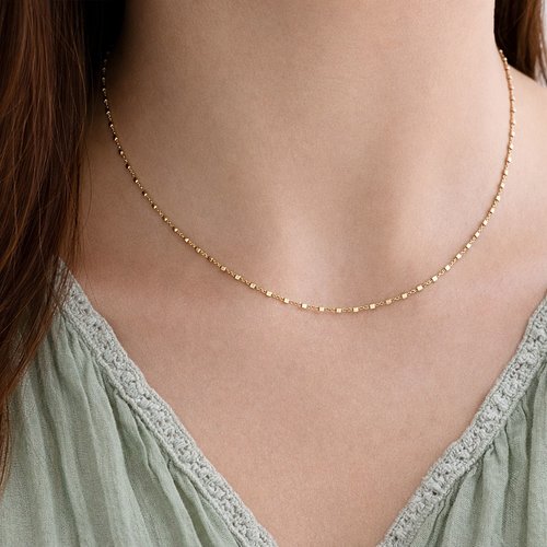 Collier fin en or 18 carats – chaîne délicate perlée avec petites perles carrées – bijou minimaliste féminin et raffiné