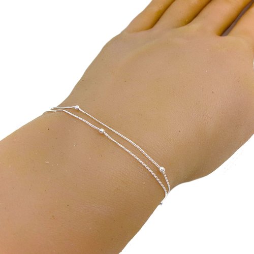 Bracelet double tour en argent 925, chaîne fine et perles, bijou minimaliste mode, cadeau femme, 32 cm