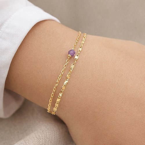 Bracelet multirang double en or 18 carats avec améthyste – pierre naturelle de naissance février