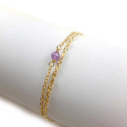 Bracelet double chaîne en or 18 carats avec améthyste, ajustable, pierre de naissance