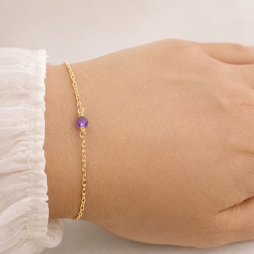 Bracelet or 18 carats et améthyste naturelle 4 mm – pierre de naissance février