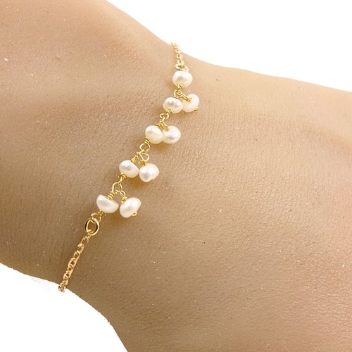 Bracelet de mariée en perles d'eau douce, or 18 carats sur argent 925, chaîne à breloques