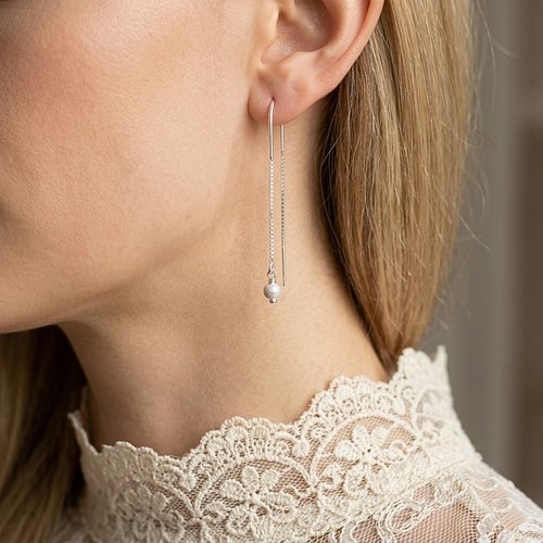Boucles d'oreilles longues chaîne argent 925 - perle brillante - bijou minimaliste femme bohème chic - cadeau élégant