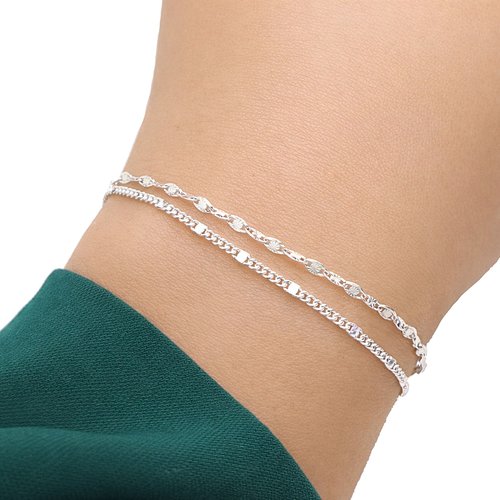 Bracelet double rang en argent 925, chaîne carrée et chaîne soleil, bijou minimaliste femme, cadeau anniversaire