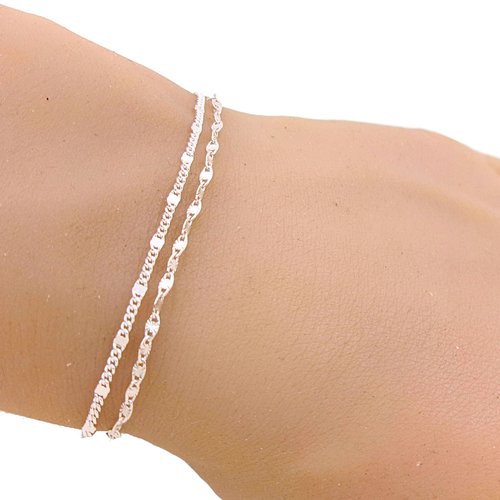 Bracelet double rang en argent 925, chaîne carrée et chaîne soleil, bijou minimaliste femme, cadeau anniversaire
