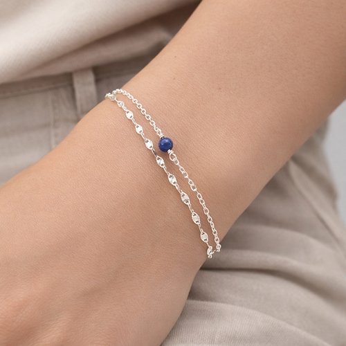 Bracelet en argent 925 et lapis lazuli en double rang - ajustable