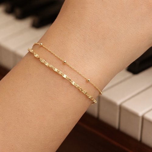 Lot de 2 bracelets femme en or 18k chaîne soleil et satellite perlée