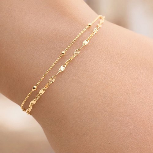 Lot de 2 bracelets soleil et perlé or 18 carats sur argent 925 - duo minimaliste chic - bracelets fins accumulation - cadeau femme