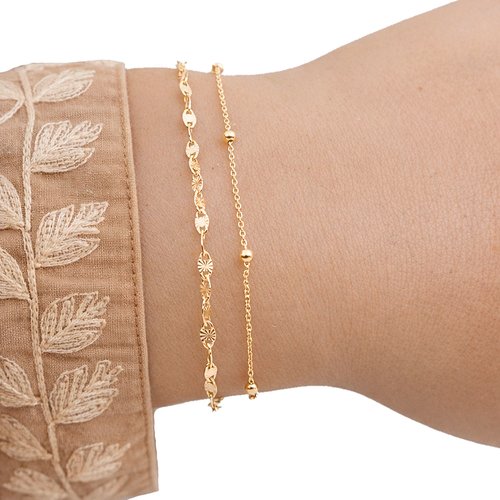 Lot de 2 bracelets femme en or 18k chaîne soleil et satellite perlée