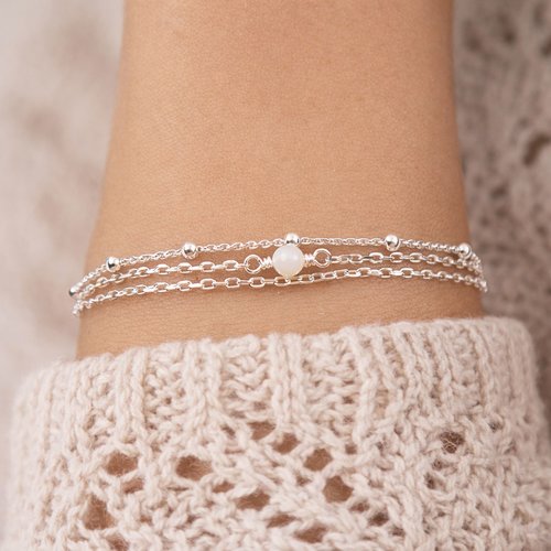 Bracelet multirang argent, perle blanche nacre, chaîne satellite, réglable 16-19 cm