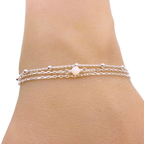 Bracelet multirang argent, perle blanche nacre, chaîne satellite, réglable 16-19 cm
