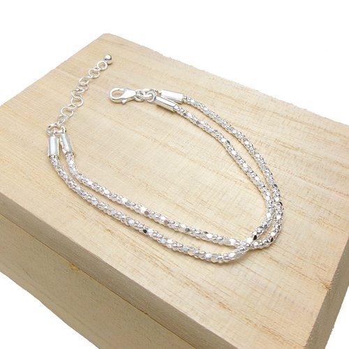 Bracelet deux rangs en argent, chaîne brillante, idée cadeau femme classe, ajustable 18-21 cm