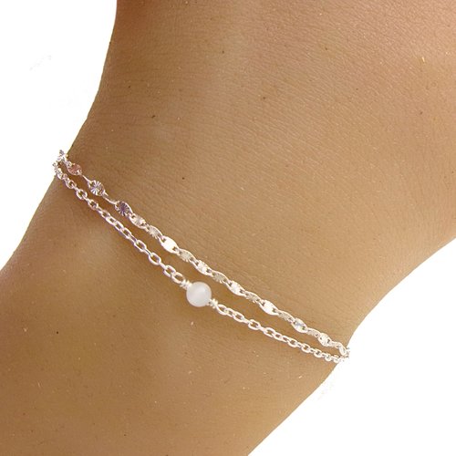 Bracelet multi chaines argent avec perle blanche, pierre oeil de chat, bracelet double, ajustable 17-20 cm, cadeau femme