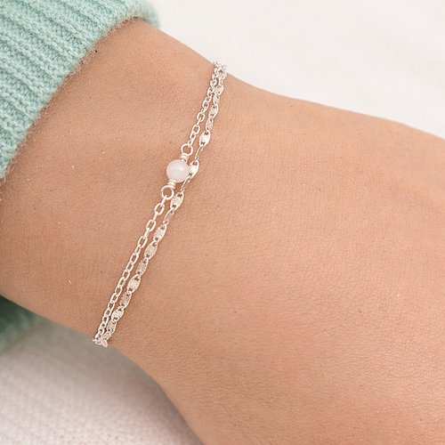 Bracelet double en argent 925 avec perle œil de chat – chaîne fantaisie soleil – réglable 17-20 cm