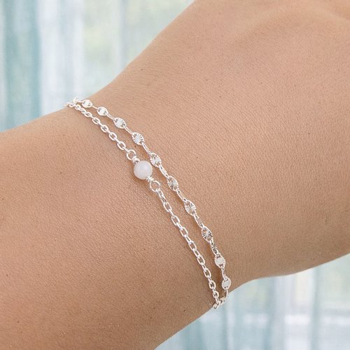 Bracelet double en argent 925 avec perle œil de chat – chaîne fantaisie soleil – réglable 17-20 cm