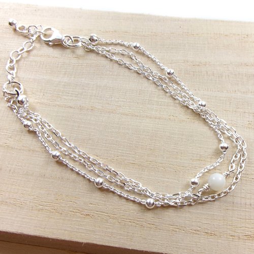 Bracelet triple rangs en argent avec perle blanche, chaîne satellite, bracelet réglable 17-20 cm, cadeau anniversaire femme