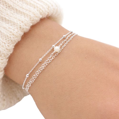 Bracelet triple rangs en argent avec perle blanche, chaîne satellite, réglable 17-20 cm