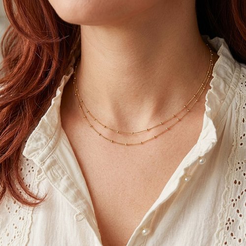 Collier double chaîne perlée - or 18 carats sur argent 925 - maille vénitienne bohème chic - bijou raffiné or & argent