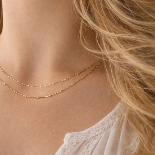 Collier double chaîne perlée - or 18 carats sur argent 925 - maille vénitienne bohème chic - bijou raffiné or & argent