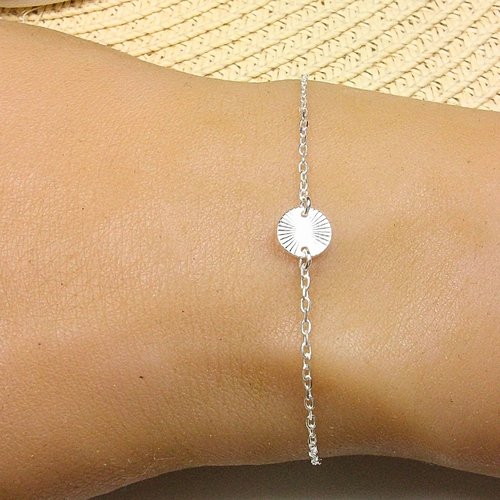 Bracelet argent massif, médaille soleil, cadeau d'anniversaire, longueur personnalisable