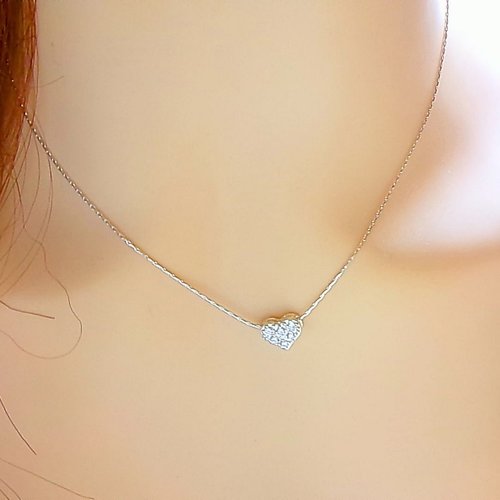 Collier fin argent 925, pendentif cœur oxyde de zirconium, cadeau romantique pour femme