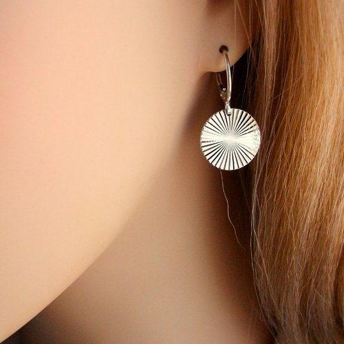 Boucles d'oreilles en argent massif, médaille ronde rayons de soleil, cadeau pour femme