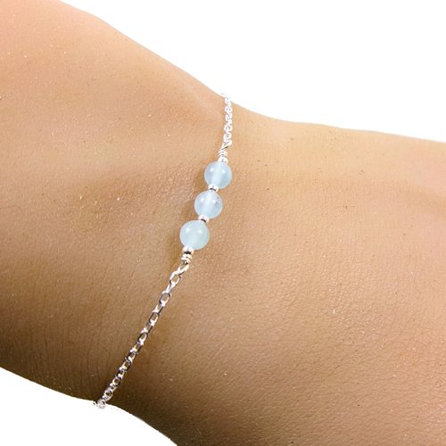 Bracelet aigue-marine naturelle en argent 925 – pierre de naissance mars – bijou minimaliste femme