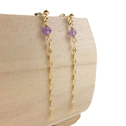 Boucles d'oreilles longues fines en or 18 carats avec améthyste, pierre de naissance février