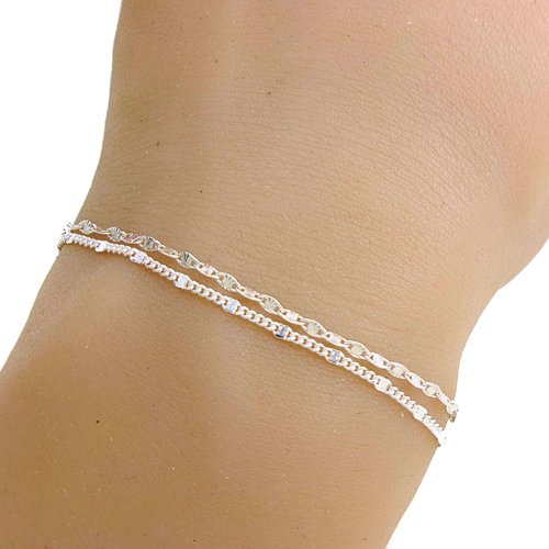 Bracelet multi chaînes argent, chaîne plate carrée et chaîne soleil, bijou original