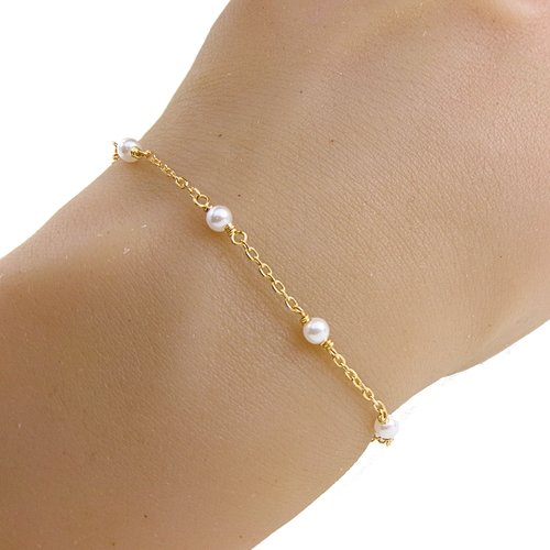 Bracelet or et blanc, perles blanches, bracelet de mariage, bijoux cadeau