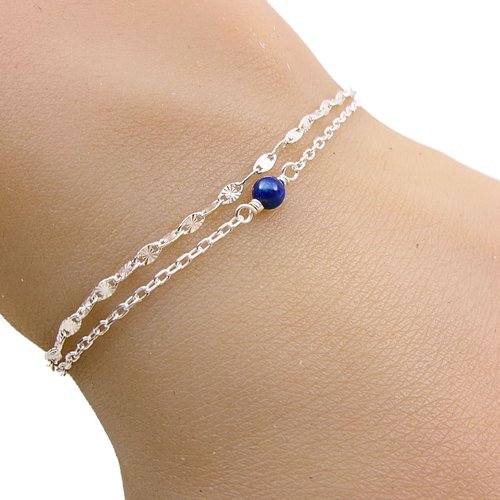 Bracelet double rang en argent avec lapis lazuli, pierre naturelle, bracelet ajustable, cadeau anniversaire femme