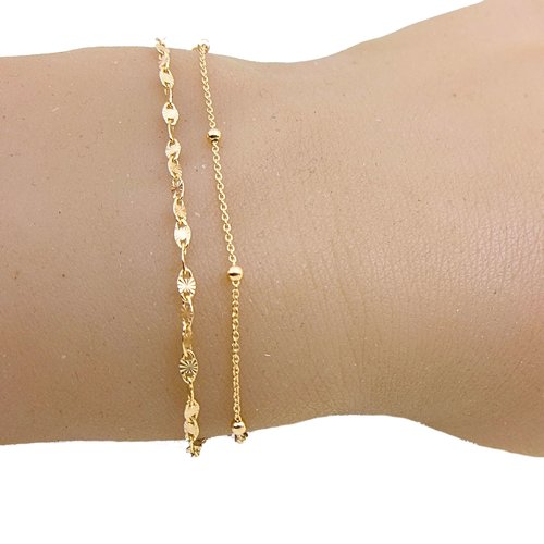 Lot de 2 bracelets en or 18 carats, chaîne satellite perlée et chaîne soleil, bracelets fins, cadeau femme