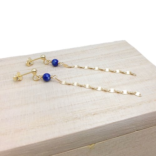 Boucles d'oreilles lapis lazuli longues pendantes en or 18 carats, pierre de naissance septembre